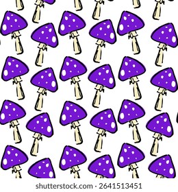 Hand-drawn seamless pattern featuring spooky purple mushrooms with white spots on a white background.