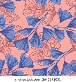 A hand-drawn seamless pattern featuring stylized ginkgo leaves in vivid blue and coral pink tones. This elegant botanical design is perfect for textile prints, fashion fabrics, wallpaper, stationery