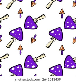 Hand-drawn seamless pattern featuring two types of poisonous mushrooms purple with white spots and small orange caps.