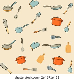 Hand-drawn seamless pattern featuring various kitchen utensils and cookware such as frying pans, saucepans, pots, spatulas, ladles, oven mitts, and cutting boards. 