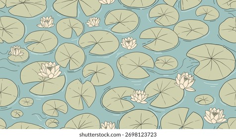 Padrão sem emenda desenhado à mão com almofadas de lírio verde de vários tamanhos e lírios de água rosa delicado em uma superfície de água azul tranquila.