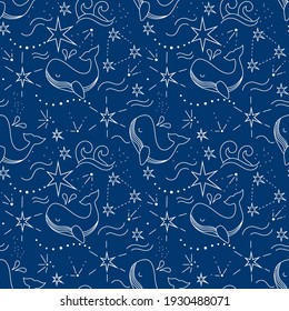 Hand-drawn seamless pattern featuring whales and the starry sky. A cosmic constellation of galaxies, planets, and stars. Astronomical background for fabric, paper, packaging