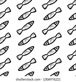 Handdrawn seamless pattern fish doodle icon. Hand drawn black sketch. Sign symbol. Decoration element. White background. Isolated. Flat design. Vector illustration.