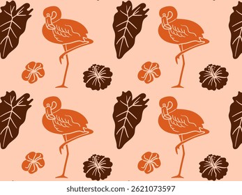 Hand-drawn seamless pattern with flamingo, leaves, and tropical flowers. Doodle pen imitation, ideal for summer projects, kids textiles, and exotic-themed designs.