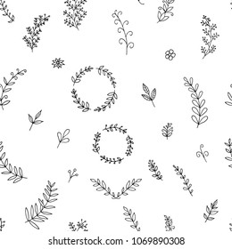 Hand-drawn seamless pattern of floral elements, leaves, branches and wreaths. Vector sketches. White background.