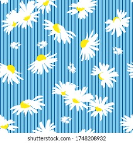 Hand-drawn seamless pattern with floral print. Abstract white daisies on  blue striped background. Vector pattern for printing on fabric, gift wrapping, covers, wallpapers.