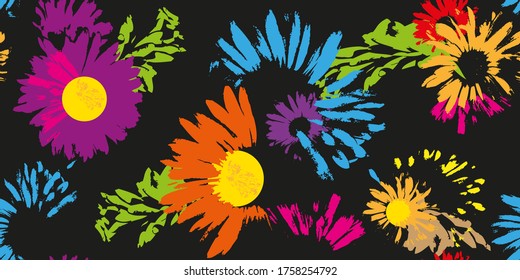 Hand-drawn seamless pattern with floral print. Abstract multi-colored daisies on  black background. Vector pattern for printing on fabric, gift wrapping, covers, wallpapers.