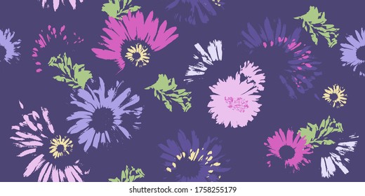 Hand-drawn seamless pattern with floral print. Abstract multi-colored daisies on  purple background. Vector pattern for printing on fabric, gift wrapping, covers, wallpapers.