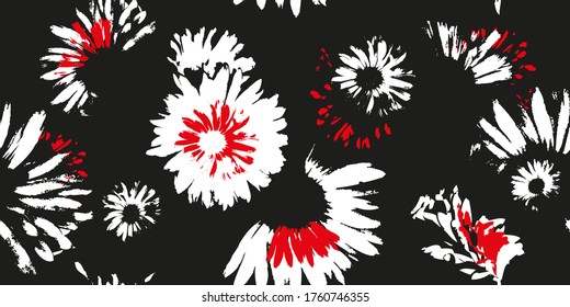 Hand-drawn seamless pattern with floral print. Abstract white and red daisies on  black background. Vector pattern for printing on fabric, gift wrapping, covers, wallpapers.