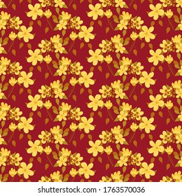 Hand-drawn seamless pattern with floral print. Abstract garden flowers on  red background. Vector pattern for printing on fabric, gift wrapping, covers, wallpapers.