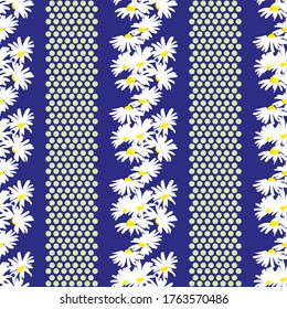 Patrón impecable dibujado a mano con impresión floral. Resumen de margaritas blancas con fondo azul. Patrón vectorial para la impresión en tela, envoltura de regalo, cubiertas, papel pintado.