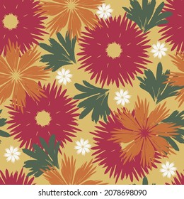 Hand-drawn seamless pattern with floral print. Abstract multi-colored daisies on olive background. Vector pattern for printing on fabric, gift wrapping, covers, wallpapers.