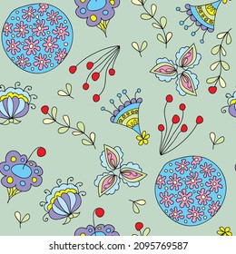 Handgezeichnet nahtloses Muster mit Blumendruck. Abstrakte bunte Blumen im Doodles-Art-Stil auf hellgrünem Hintergrund. Vektormuster für den Druck auf Stoff, Kleidung, Heimtextilien, Tapeten.