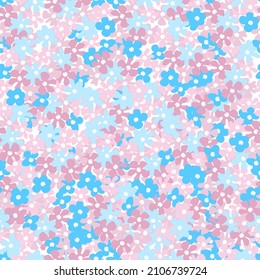 Patrón impecable dibujado a mano con impresión floral. Flores simples azules y rosas sobre fondo blanco. Patrón vectorial para la impresión en tela, envoltura de regalo, cubiertas, papel pintado.