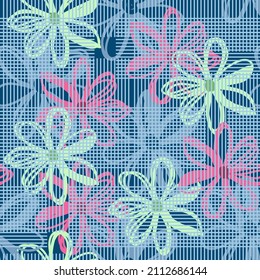 Patrón impecable dibujado a mano con impresión floral. Resumen de flores de doodle multicolores sobre fondo azul. Patrón vectorial para la impresión en tela, envoltura de regalo, cubiertas, papel pintado.
