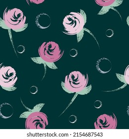 Hand-drawn seamless pattern with floral print. Abstract pink flowers painted with brush on green background . Vector pattern for printing on fabric, gift wrapping, covers, wallpapers