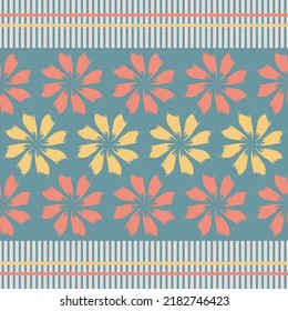 Hand-drawn seamless pattern with floral print. Abstract yellow and orange flowers on a blue-green background. Vector pattern for printing on fabric, gift wrapping, covers, wallpapers.