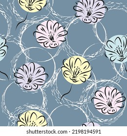 Hand-drawn seamless pattern with floral print. Small contour flowers in rustic style in pastel colors on gray blue background with grunge texture. Vector pattern for printing on fabric, gift wrapping