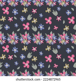 Patrón impecable dibujado a mano con impresión floral. Resumen de flores multicolores sobre un fondo oscuro. Patrón vectorial para la impresión en tela, envoltura de regalo, cubiertas, papel pintado.