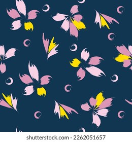 Hand-drawn seamless pattern with floral print. Abstract pink and yellow flowers with grunge effect on dark blue background. Vector pattern for printing on fabric, gift wrapping, covers