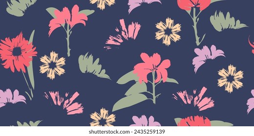 Hand-drawn seamless pattern with floral print. Abstract multi-colored daisies on dark blue background. Vector pattern for printing on fabric, gift wrapping, covers, wallpapers.