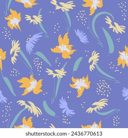 Patrón sin costuras dibujado a mano con estampado floral. Manzanillas amarillas abstractas sobre fondo morado. Patrón vectorial para la impresión en tela, envoltura de regalo, cubiertas, fondos de pantalla.