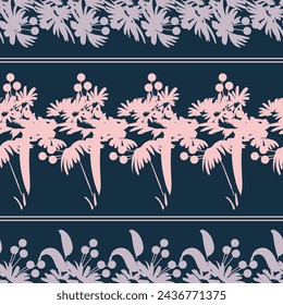 Patrón sin costuras dibujado a mano con estampado floral. Silueta de contorno de flores, hojas en tonos rosas y azules. Patrón vectorial para la impresión en tela, envoltura de regalo, cubiertas, fondos de pantalla.