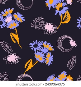 Handgezeichnetes nahtloses Muster mit Blumendruck. Kontursilhouette von Blumen, Blättern, Kreisen auf dunkelblauem Hintergrund. Vektor-Muster für den Druck auf Stoff, Geschenkverpackung, Abdeckungen, Tapeten.