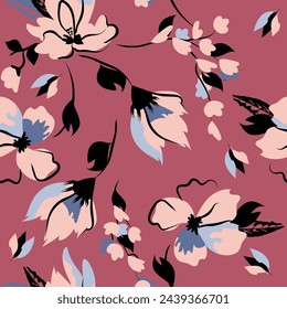 Hand-drawn seamless pattern with floral print. Abstract contour flowers in pink, blue and black. Vector pattern for printing on fabric, gift wrapping, covers, wallpapers.