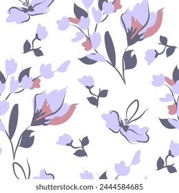 Hand-drawn seamless pattern with floral print. Abstract contour flowers in pink, light purple and white. Vector pattern for printing on fabric, gift wrapping, covers, wallpapers.