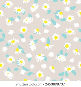 Hand-drawn seamless pattern with floral print. Contour silhouette of white daisies on a beige background. Vector pattern for printing on fabric, gift wrapping, covers, wallpapers.