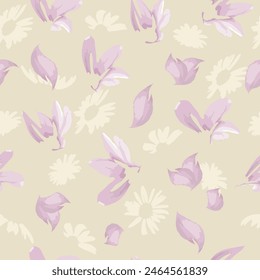 Hand-drawn seamless pattern with floral print. Abstract pink and beige meadow flowers. Vector pattern with watercolor effect for printing on fabric, gift wrapping, wallpapers.