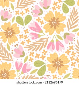 Hand-drawn seamless pattern with flowers. Colorful floral illustration for paper and gift wrap. Fabric print modern design. Creative stylish background.