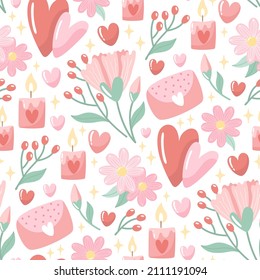 Handgezeichnet nahtloses Muster mit Blumen und Herzen. Kreativer, stylischer Hintergrund für den Valentinstag. Farbige Blumengrafik für Papier und Geschenkverpackung. Stoffdruck modernes Design.
