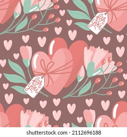 Hand-drawn seamless pattern with flowers and hearts. Creative stylish background for Valentine Day. Colorful floral illustration for paper and gift wrap. Fabric print modern design.