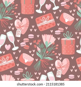 Hand-drawn seamless pattern with flowers and hearts. Creative stylish background for Valentine Day. Colorful floral illustration for paper and gift wrap. Fabric print modern design.