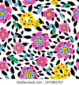 Hand-drawn seamless pattern with flowers and imitation of a leopard print. Pattern with animal print and feminism symbol, female sign. Perfect for fabric, textile, wallpaper.