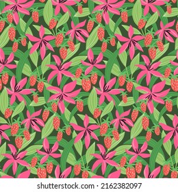Hand-drawn seamless pattern with flowers, leaves and strawberries. Colorful floral illustration for paper and gift wrap. Fabric print summer design. Creative stylish background.