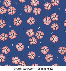Hand-drawn seamless pattern with flowers on blue background.