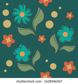 Hand-drawn seamless pattern with forget-me-not flowers on dark green background and small floral elements