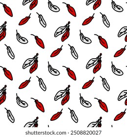 Hand-drawn seamless pattern in the form of colored feathers. Soft, light feathers fly, fall. Contour illustration of line and color. Vector illustration-sketch for wallpaper, fabric, textiles. red