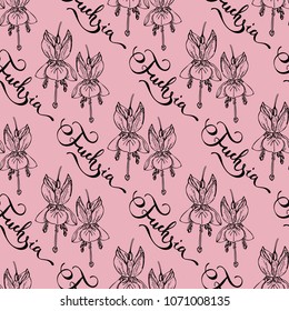 Handdrawn seamless pattern fuchsia flowers and lettering. Engraving floral texture. Black ornament on lilac background