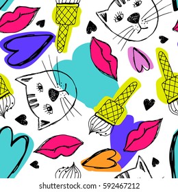 Hand-drawn seamless pattern with funny items