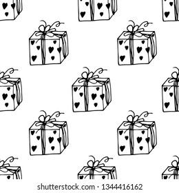 Hand-drawn seamless pattern of gift boxes. Vector cartoon background.