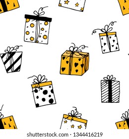 Hand-drawn seamless pattern of gift boxes. Vector cartoon background.