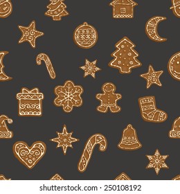 Hand-drawn seamless pattern "Gingerbread Christmas cookies". 