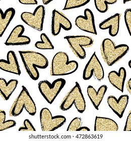 Hand-drawn  seamless pattern with gold hearts. Isolated on white background.Valentines day Vector illustration.