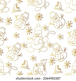 Patrón impecable dibujado a mano con un contorno dorado de hombres de nieve navideños y copos de nieve. Ilustración vectorial para envolver papel, cubiertas, tarjetas y tela. 