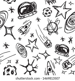 Hand-drawn seamless pattern with graphic elements on the space theme. Sketch style black and white background with stars, rockets, planets ets.