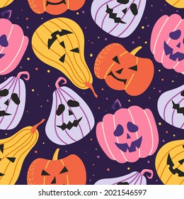 Hand-drawn seamless pattern for Halloween celebration. Colourful pumpkin vector background.